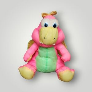 Vintage Gibson Greetings Neon Pink Dino Dragon Stuffed Animal Plush puffaLump